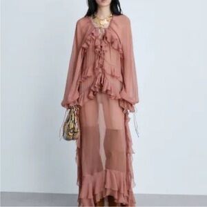 MANGO ruffle pink chiffon dress